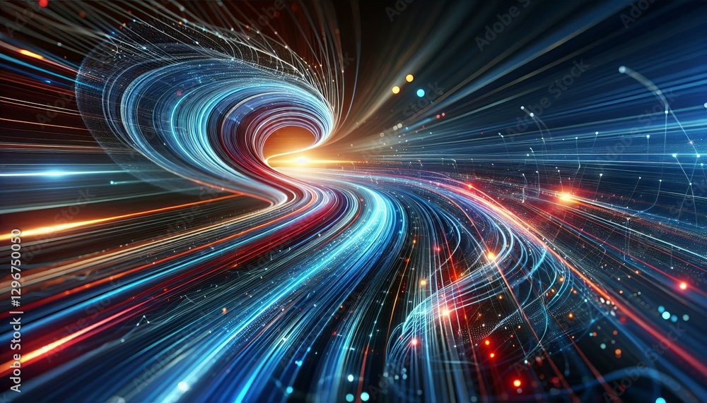 The red and blue light motion trails convey a sense of fast movement and modern technology. The red and blue light motion trails convey a sense of fast movement and modern technology.