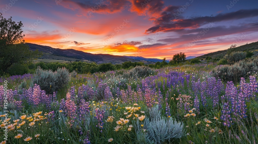 Obraz premium A field of wildflowers illuminated by the vibrant orange and pink tones of a sunset.
