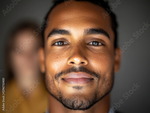 Close-up of a smiling professional man with blurred business team in the background. photo