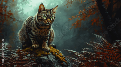 Majestic Wild Cat on Mossy Rock in Enchanted Forest Vector Illustration - Tranquil Autumn Scene with Misty Atmosphere and Vivid Red Ferns