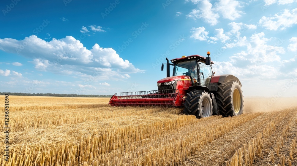 Red Tractor Harvesting Wheat in Golden Field Under Blue Sky with Fluffy Clouds and Sunlight Shining Brightly Red Tractor Harvesting Wheat in Golden Field Under Blue Sky with Fluffy Clouds and Sunlight Shining Brightly
