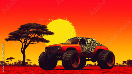 Vibrant Safari Landscape Vector with Zebra Striped Monster Truck and Baobab Tree at Sunset in African Savanna - Bold Colors and Adventure Allure