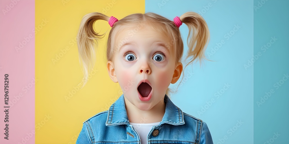 Child with surprised expression in a playful environment featuring pastel colors Child with surprised expression in a playful environment featuring pastel colors