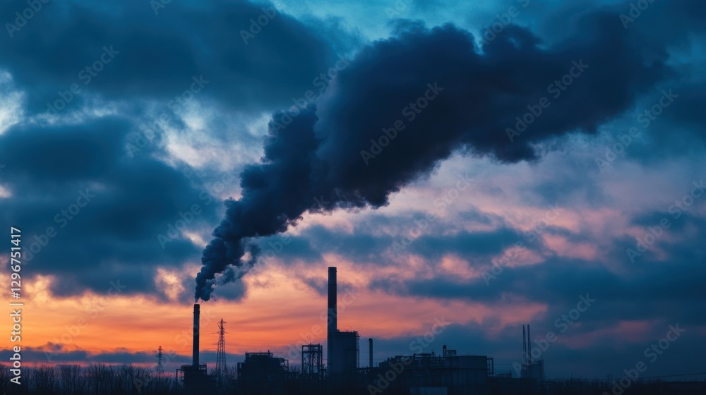 Industrial factory emits smoke into the sky at dusk with colorful clouds in the background. Generative AI Industrial factory emits smoke into the sky at dusk with colorful clouds in the background. Generative AI