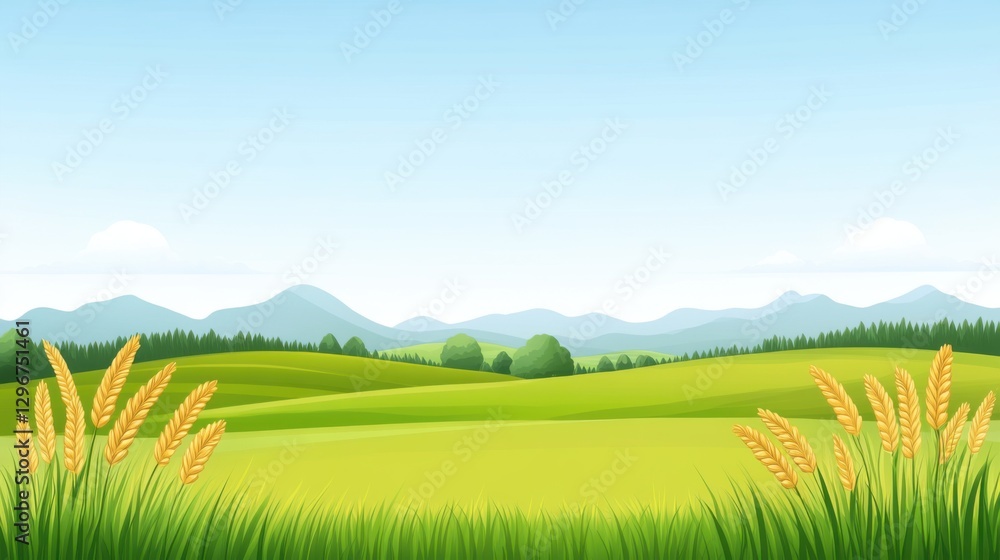 Fototapeta premium Vibrant Green Meadow Landscape with Rolling Hills and Wheat Stalks Under Clear Blue Sky