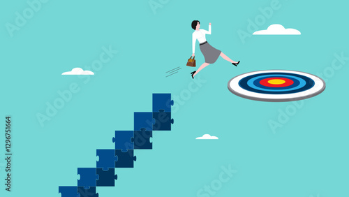personal development goals for work, train specific skills or competencies to achieve career success, self improvement or career growth, Businesswoman walk up checklist as a ladder to reach target