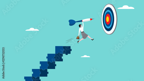 step to reach goal, strategy to achieve target, success achievement, Business goals as profit target achievement process, businessman jumps from puzzle ladder to hit arrow into bullseye target board