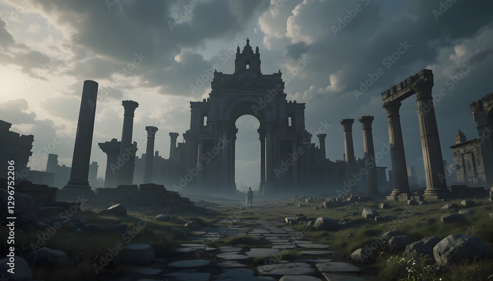 Fototapeta premium Lonely figure walks path, ancient ruins backdrop, misty atmosphere.