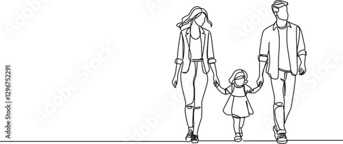 continuous single line drawing of mom and dad walking hand in hand with toddler girl, line art vector illustration