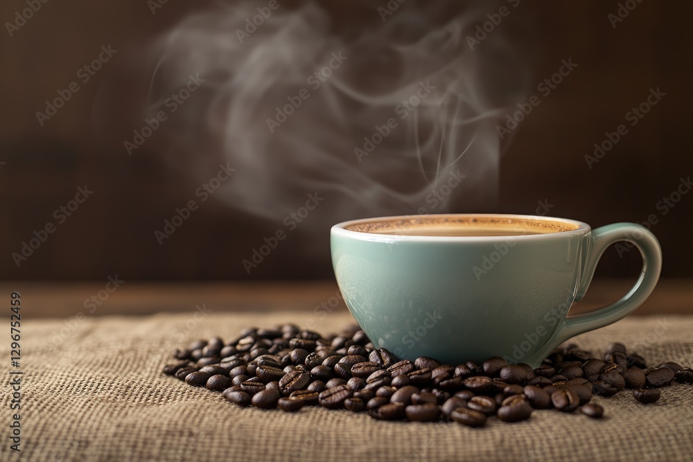 A steaming cup of coffee with coffee beans in the background. A steaming cup of coffee with coffee beans in the background.