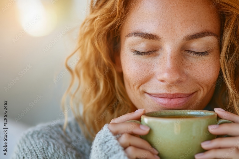 Сalm young curly redhead woman with closed eyes and smile drinking herbal tea with ashwagandha, copy space for text. Concept Medicinal Herb, superfood, Ayurveda, herbal supplement Сalm young curly redhead woman with closed eyes and smile drinking herbal tea with ashwagandha, copy space for text. Concept Medicinal Herb, superfood, Ayurveda, herbal supplement