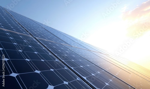 A solar panel on a white background, a 3D rendering illustration with a wide-angle lens