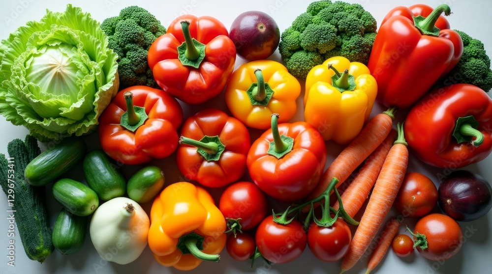 A vibrant composition of fresh vegetables including peppers, carrots, cucumbers, and broccoli. Perfect for health, food, and organic themes. A vibrant composition of fresh vegetables including peppers, carrots, cucumbers, and broccoli. Perfect for health, food, and organic themes.