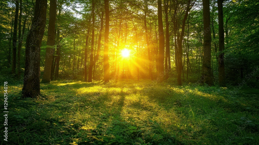 Obraz premium A forest clearing illuminated by the warm light of a truly spectacular sunset