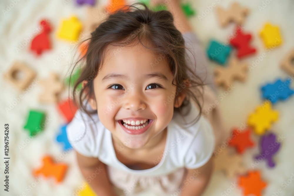 Happy child plays with colorful puzzle pieces Happy child plays with colorful puzzle pieces