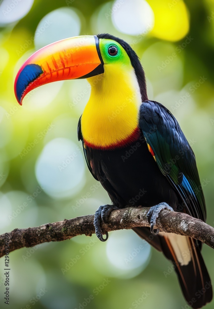 Fototapeta premium Close-Up of a Vibrant Toucan Perched on a Branch Surrounded by Lush Greenery in a Tropical Forest Setting with Colorful Beak