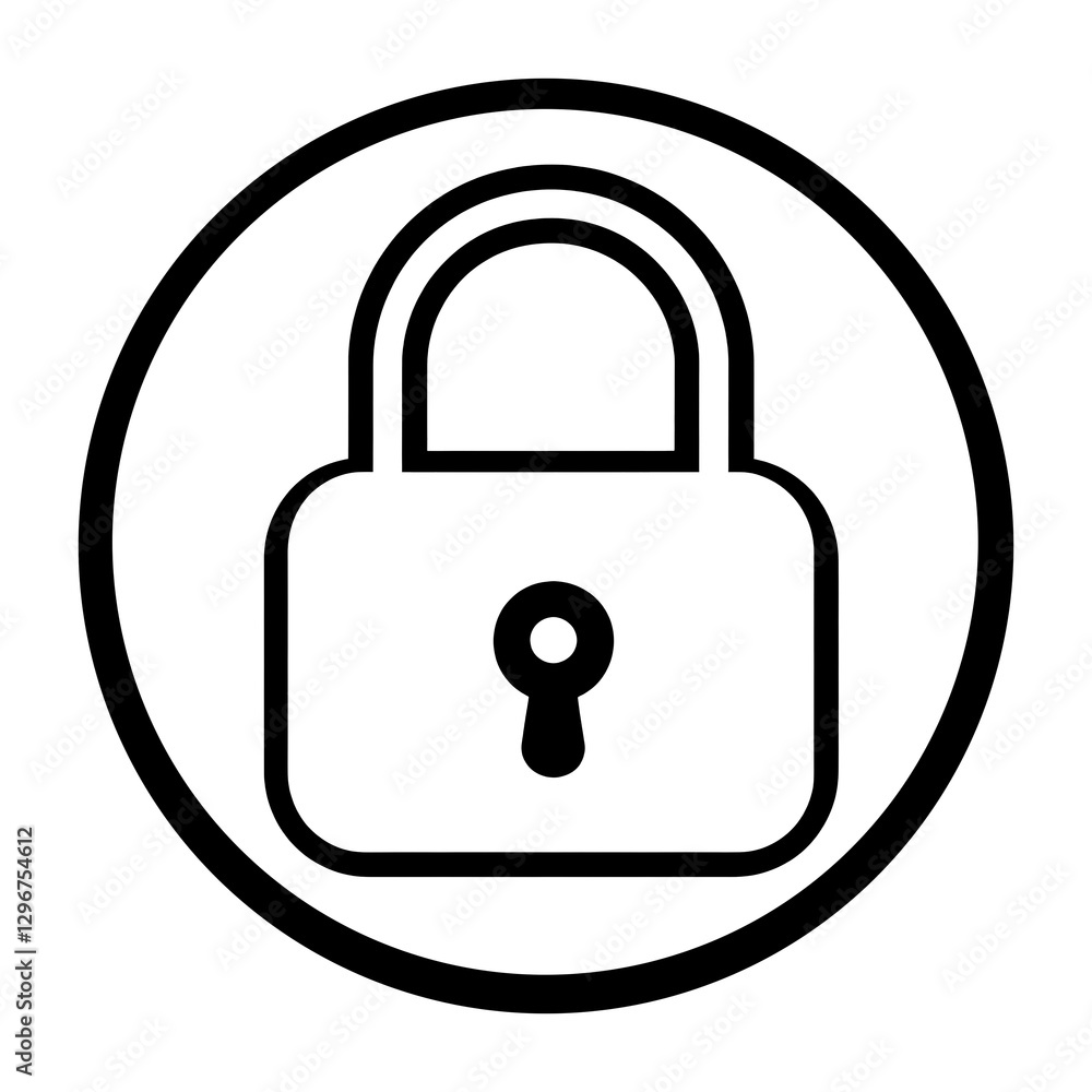 This features simple black and white illustration of padlock symbol, representing security and protection. padlock is enclosed within circle, emphasizing concept of safety and privacy This features simple black and white illustration of padlock symbol, representing security and protection. padlock is enclosed within circle, emphasizing concept of safety and privacy
