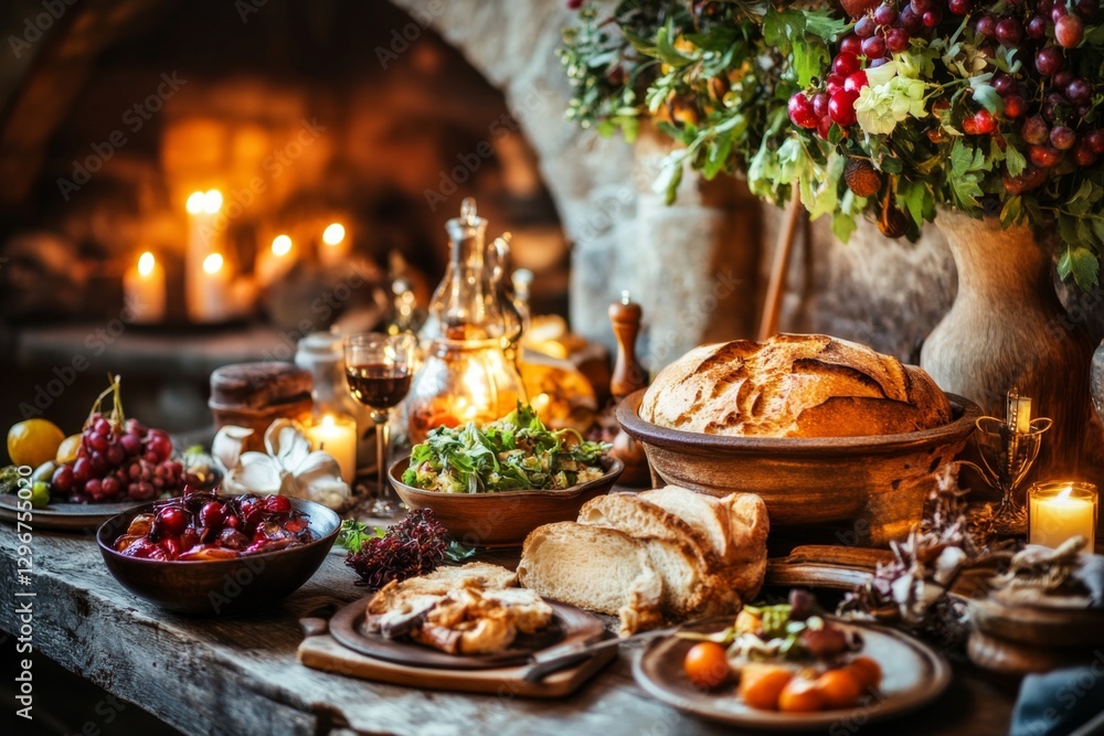 A gothic-style medieval feast featuring freshly baked dark rye bread, served by candlelight A gothic-style medieval feast featuring freshly baked dark rye bread, served by candlelight