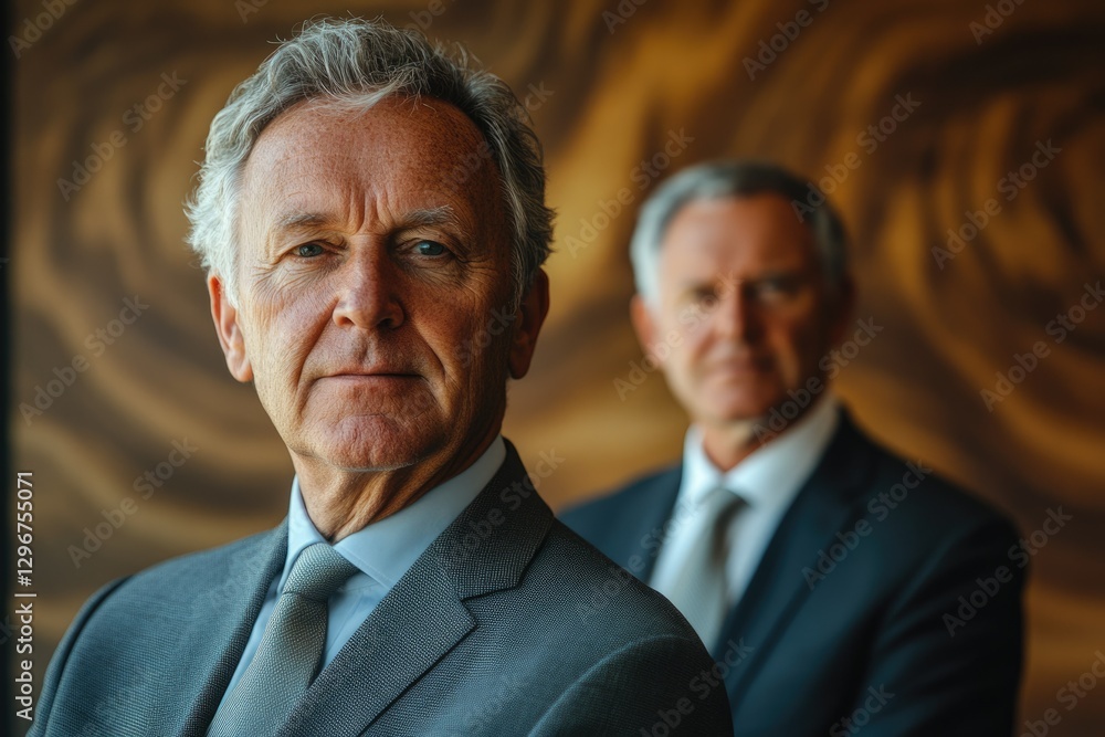 Portrait of two confident senior businessmen in suits, one in sharp focus, the other slightly blurred in the background. Portrait of two confident senior businessmen in suits, one in sharp focus, the other slightly blurred in the background.