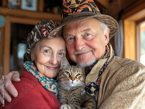 Capture heartwarming moments with a senior couple playing with their cat, showing genuine affection and warmth Feel the pet-loving joy radiating from their bond as they share playful interactions photo