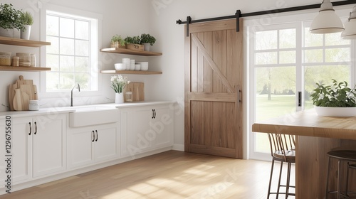 Cozy Kitchen: Capturing a modern kitchen bathed in natural light with rustic wooden sliding door.