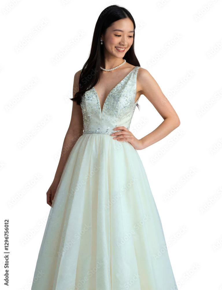 A woman with long dark hair, wearing a sparkling white gown with a deep V-neck, and a pearl necklace, smiles.