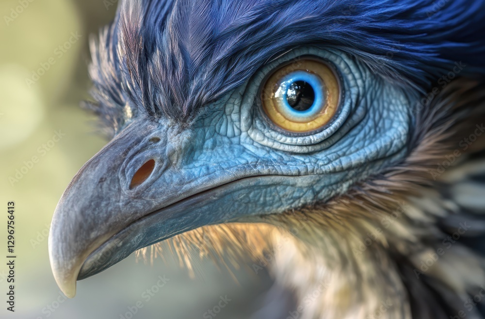 Fototapeta premium Close-Up Portrait of a Colorful Bird with Striking Blue and Yellow Features, Captivating Eye Detail and Unique Feather Texture