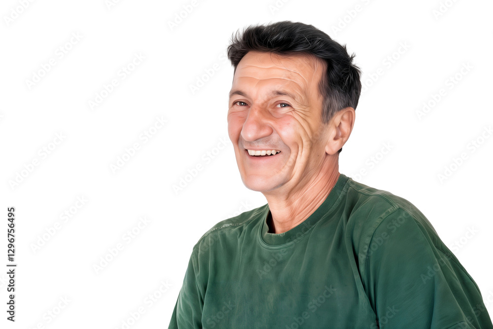 Happy senior man smiling and laughing, looking away, isolated on transparent background Happy senior man smiling and laughing, looking away, isolated on transparent background