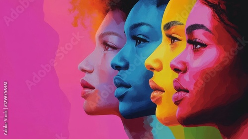 Four diverse women in vibrant colors showcasing unity and strength against a pink backdrop