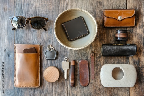 Wallpaper Mural A creative flat lay of entryway essentials: keys, a wallet, sunglasses, and a bowl for storage Torontodigital.ca