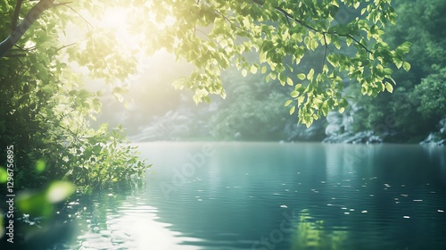 Beautiful lake landscape with forest and sunlight reflections high resolution picture