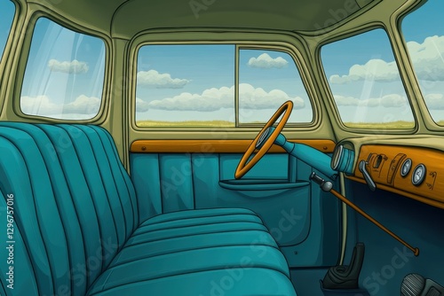 Classic Truck Interior Showcases Vibrant Colors and Vintage Design in a Serene Landscape Under a Cloudy Sky