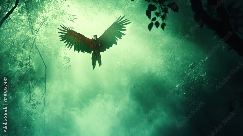 Fototapeta premium Macaw Flying Through a Misty Forest Canopy with Green Light Rays