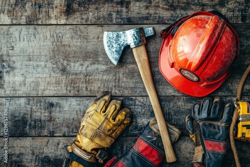 A creative flat lay of firefighting tools: a helmet, an axe, a hose nozzle, and gloves on a rustic wooden surface