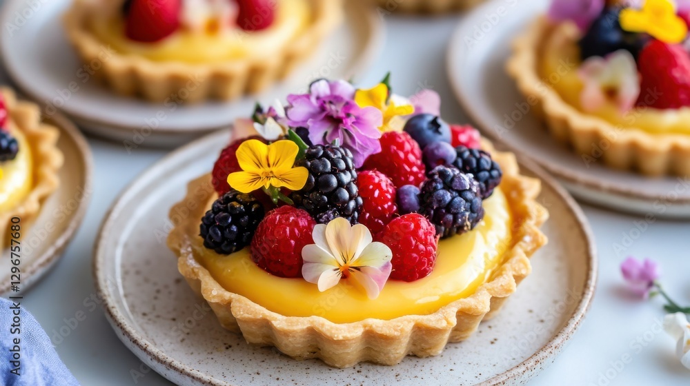 Elegant Easter tartlets filled with lemon curd and topped with Elegant Easter tartlets filled with lemon curd and topped with