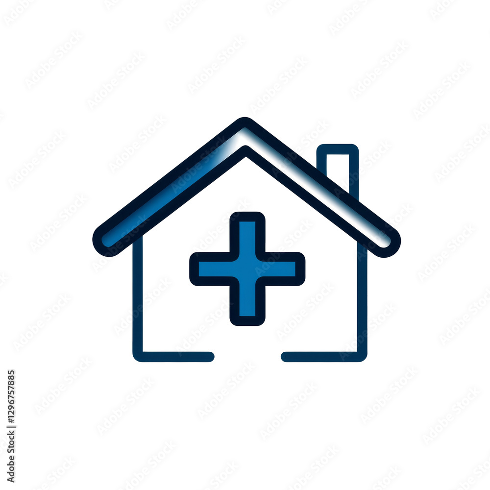 blue and black house icon with medical cross symbolizes healthcare services