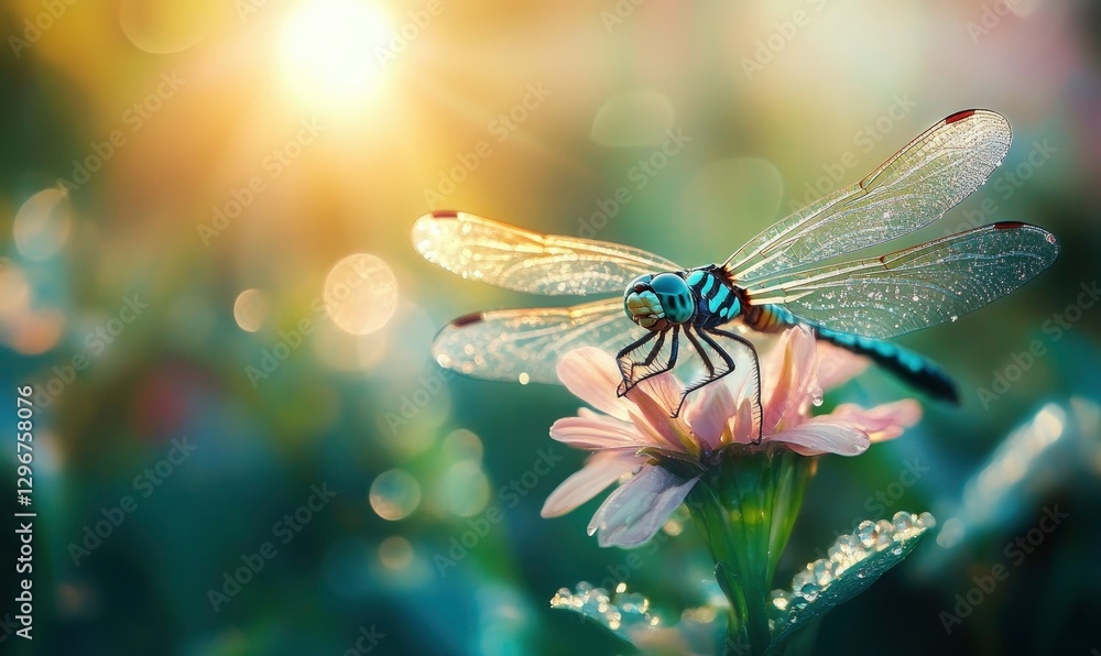 beautiful dragonfly perched on a dew-kissed flower, with sunlight filtering through the trees, creating a magical and serene atmosphere beautiful dragonfly perched on a dew-kissed flower, with sunlight filtering through the trees, creating a magical and serene atmosphere