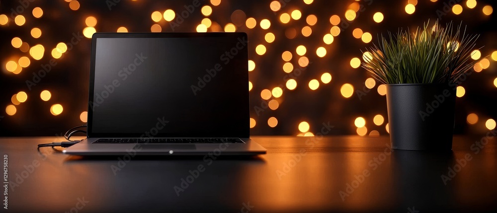 Laptop and Indoor Plant on Table with Bokeh Lights Background Reflecting Modern Professional Environment Aesthetic Laptop and Indoor Plant on Table with Bokeh Lights Background Reflecting Modern Professional Environment Aesthetic