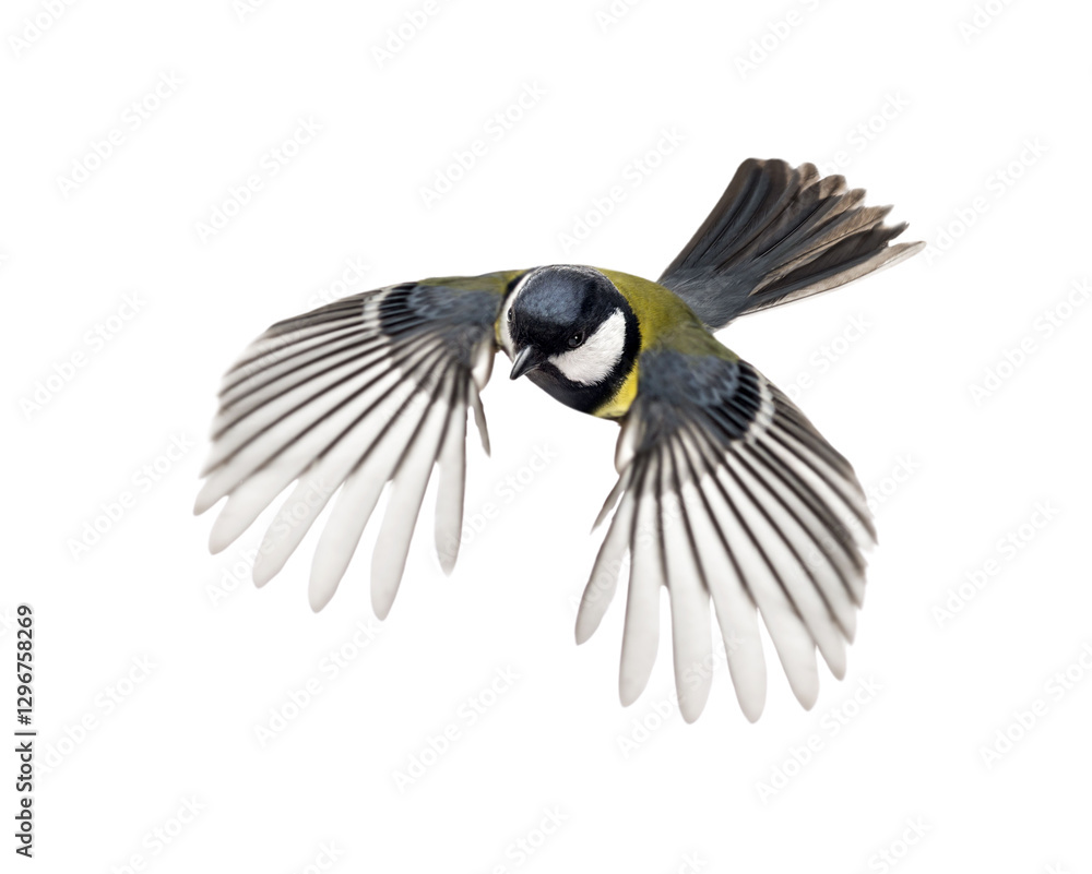 Naklejka premium Great tit - parus major - with open wings flying, isolated on transparent background