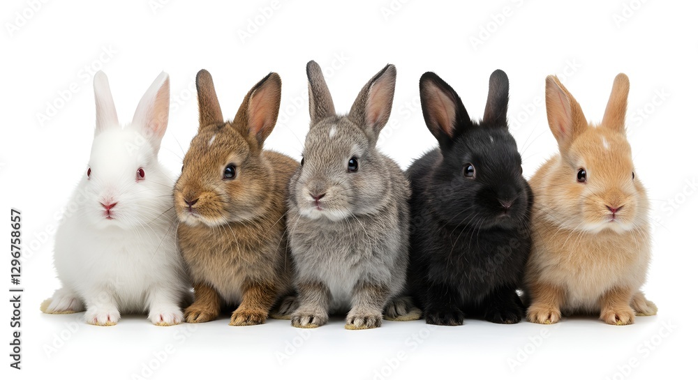 Fototapeta premium A group of five adorable baby rabbits sitting neatly in a row on a clean white background. Each rabbit has a unique fur color—white, brown, grey, black, and tan. Their ears are perked up