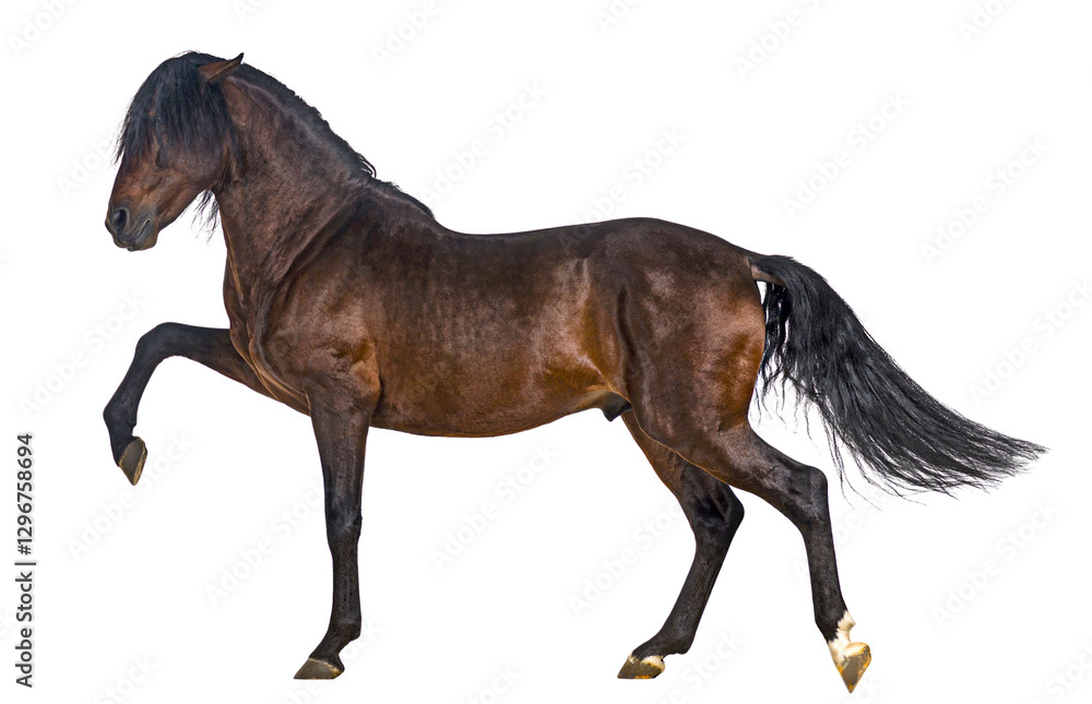 Powerful brown horse prancing with front leg raised on white background Powerful brown horse prancing with front leg raised on white background