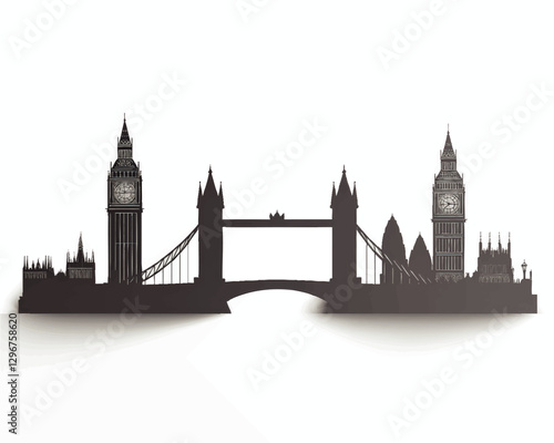 Iconic London Skyline Vector Image Featuring Big Ben, Tower Bridge, and Famous Landmarks in Silhouette with High Contrast and Architectural Detail
