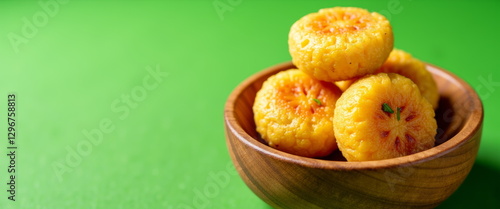 Cuban Seasonal Transition: Golden Arepas in Wooden Bowl on Green Background with Copy Space photo