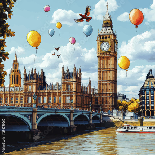 Big Ben Westminster Vector Art: Vibrant Balloons and Birds Sky Over Thames River, Iconic London Bridge and Historic Architecture, Cityscape Illustration