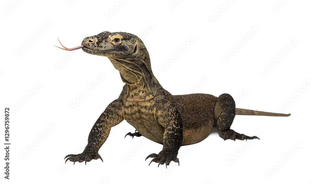 Obraz premium Komodo dragon flicking its forked tongue, isolated on transparent background