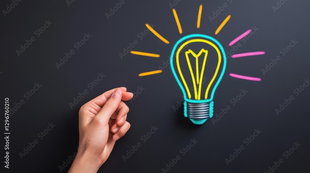 Hand Approaching Neon Light Bulb Illustration on Dark Background for Creative Ideas and Inspiration Concept Hand Approaching Neon Light Bulb Illustration on Dark Background for Creative Ideas and Inspiration Concept