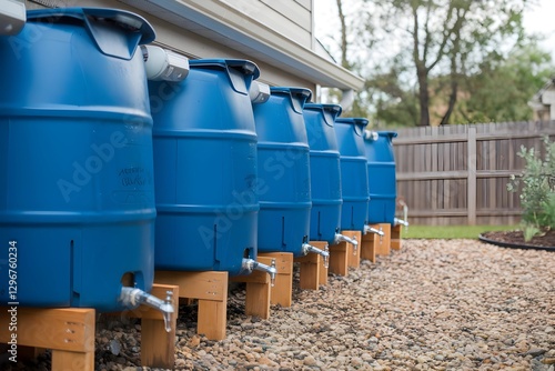 Rainwater Harvesting Barrels Connected to House Gutters 