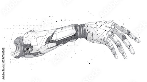 A detailed grayscale line art illustration of a robotic or cybernetic hand and forearm. The style is intricate, with detailed rendering of mechanical components and a sense of wear or decay.  The