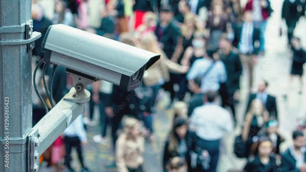Advanced monitoring system tracks urban pedestrian dynamics. Elevated camera array captures comprehensive crowd movement patterns. Wide-angle static shot.