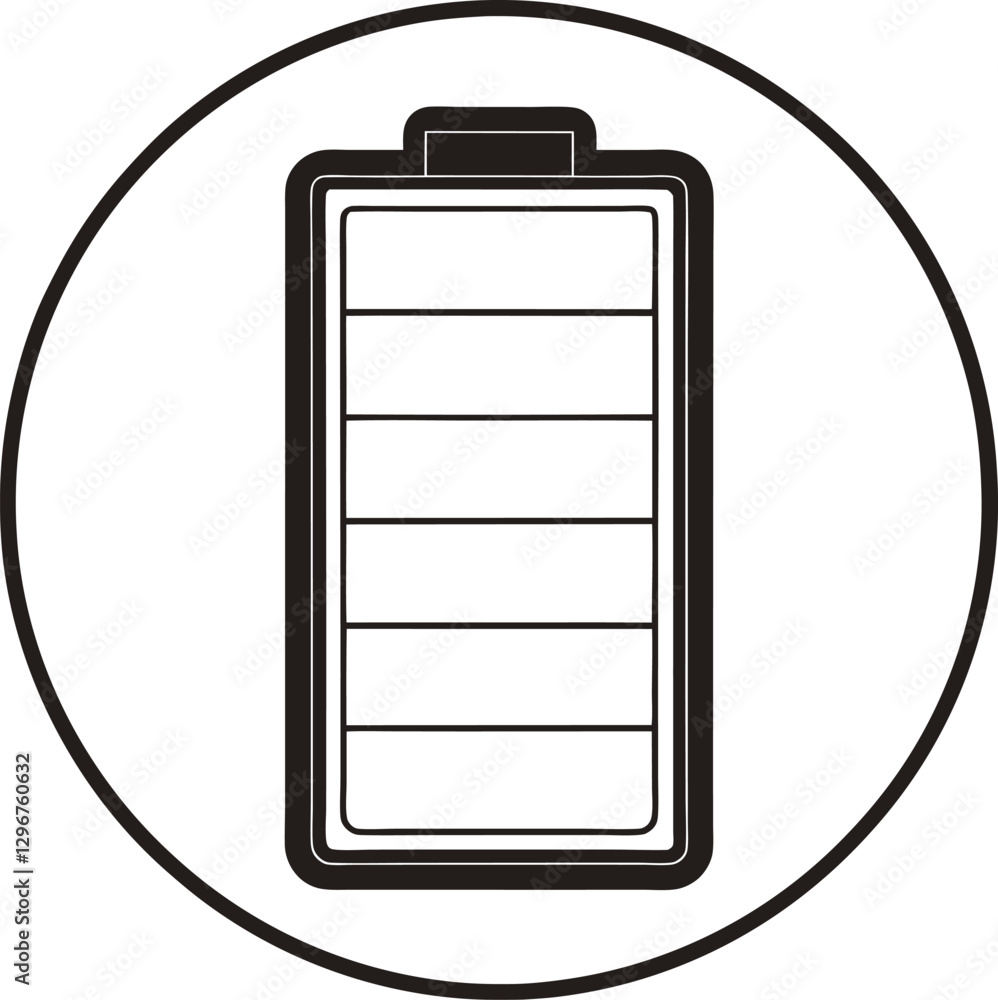 A black and white graphic of a battery icon, showing a full charge. A black and white graphic of a battery icon, showing a full charge.